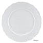 A white charger plate from the Empire White Dinnerware Collection by Anna Weatherley, featuring fine porcelain with a textured lattice rim and scalloped edges. Made in Portugal; "Charger" shown at the bottom right on a plain white background.