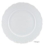 A white charger plate from the Empire White Dinnerware Collection by Anna Weatherley, featuring fine porcelain with a textured lattice rim and scalloped edges. Made in Portugal; "Charger" shown at the bottom right on a plain white background.
