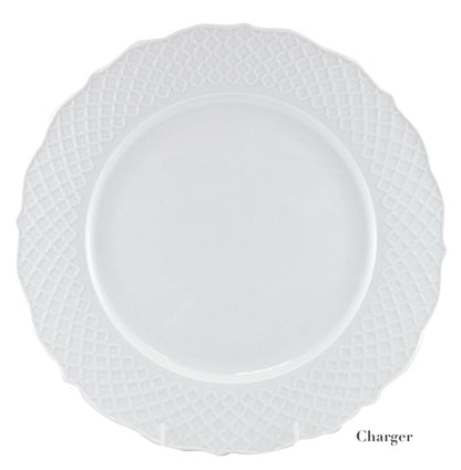 A white charger plate from the Empire White Dinnerware Collection by Anna Weatherley, featuring fine porcelain with a textured lattice rim and scalloped edges. Made in Portugal; "Charger" shown at the bottom right on a plain white background.