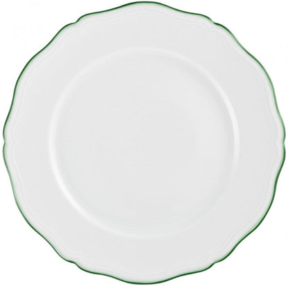 A Raynaud Touraine Green Trim porcelain plate, with a scalloped edge and hand-painted green rim, is shown from above on a plain background.