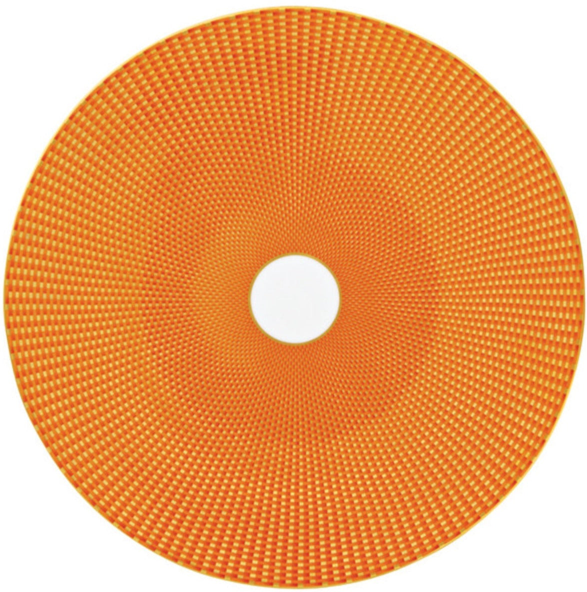 The Tresor Orange Dinnerware Collection by Raynaud features a circular orange disc with a grid-like textured pattern and a small white center, resembling hand-painted porcelain, seen from above.