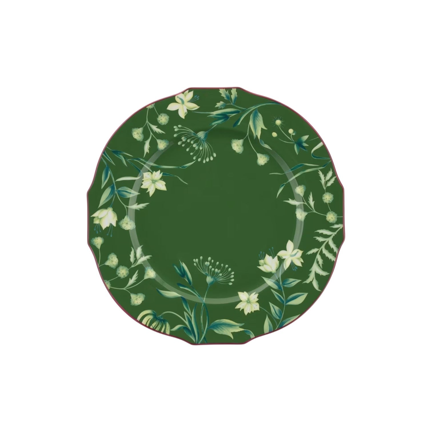 A round, dark green Ginori 1735 plate from the Florenza Impero Dinnerware Collection, featuring a scalloped edge and floral and leafy botanical patterns in light green and white on fine Italian porcelain.