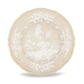 Beige porcelain plate from Ginori 1735’s Oriente Italiano Meringa Collection, featuring scalloped edges, gold trim, and white floral and landscape motifs at the center and rim.