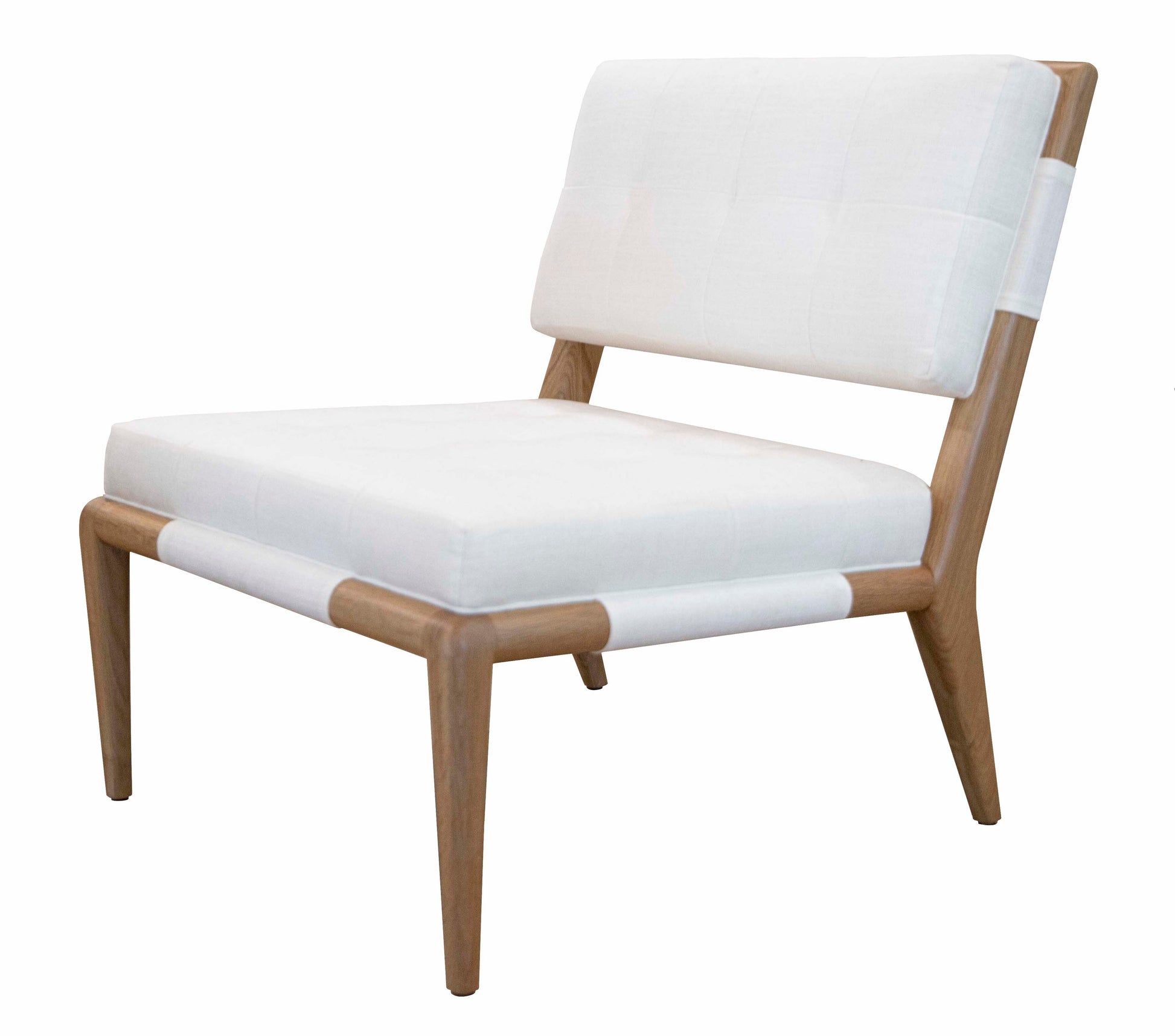 A modern Chatfield Armless Chair with a white cushioned seat and backrest, featuring a wooden frame with minimalist design elements, inspired by the Vanguard collection.