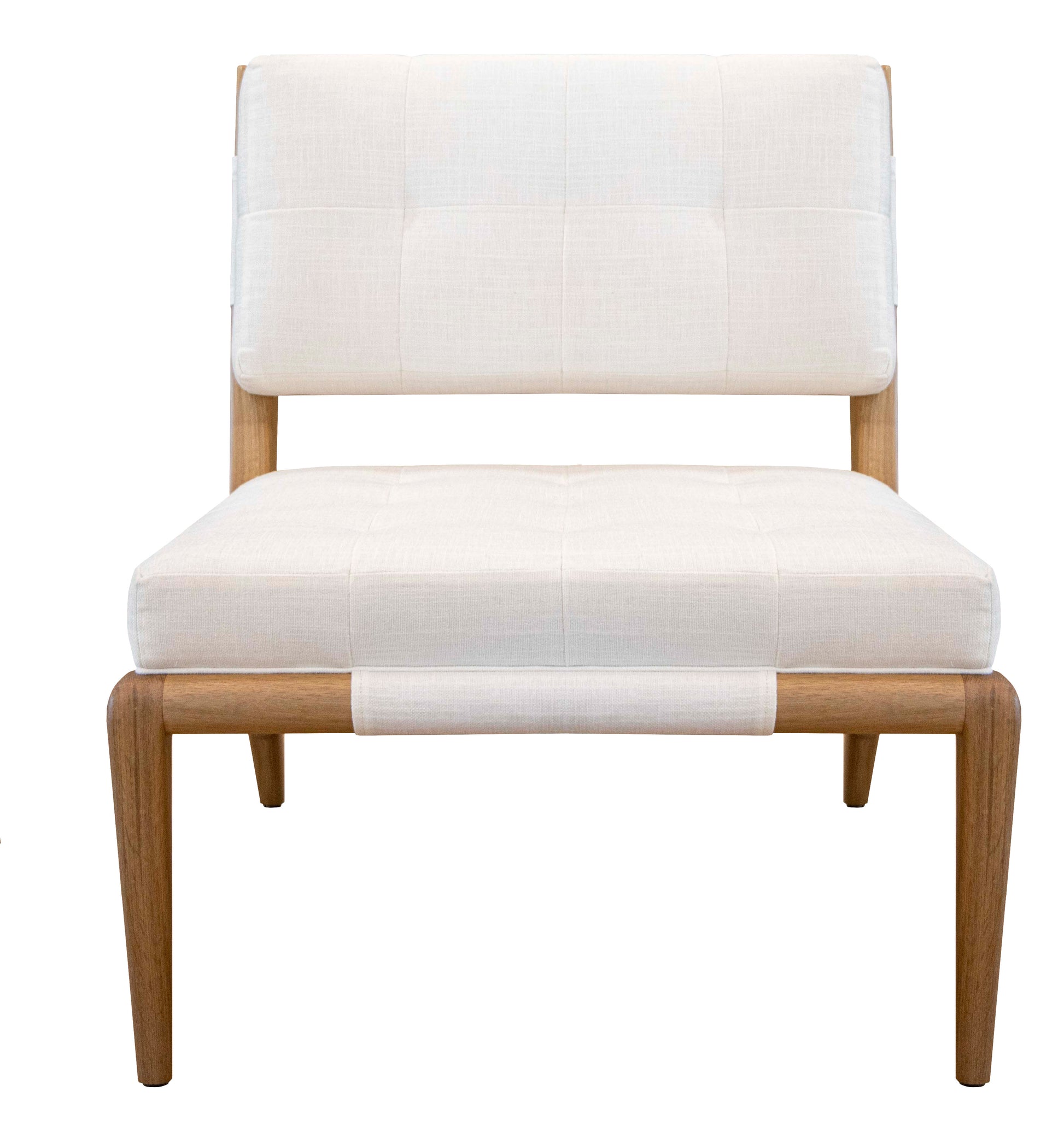 A modern chair with light-colored upholstery in Chatfield Armless Chair by Vanguard and wooden legs, viewed from the front, reminiscent of the chic aesthetic found in West Palm Beach.