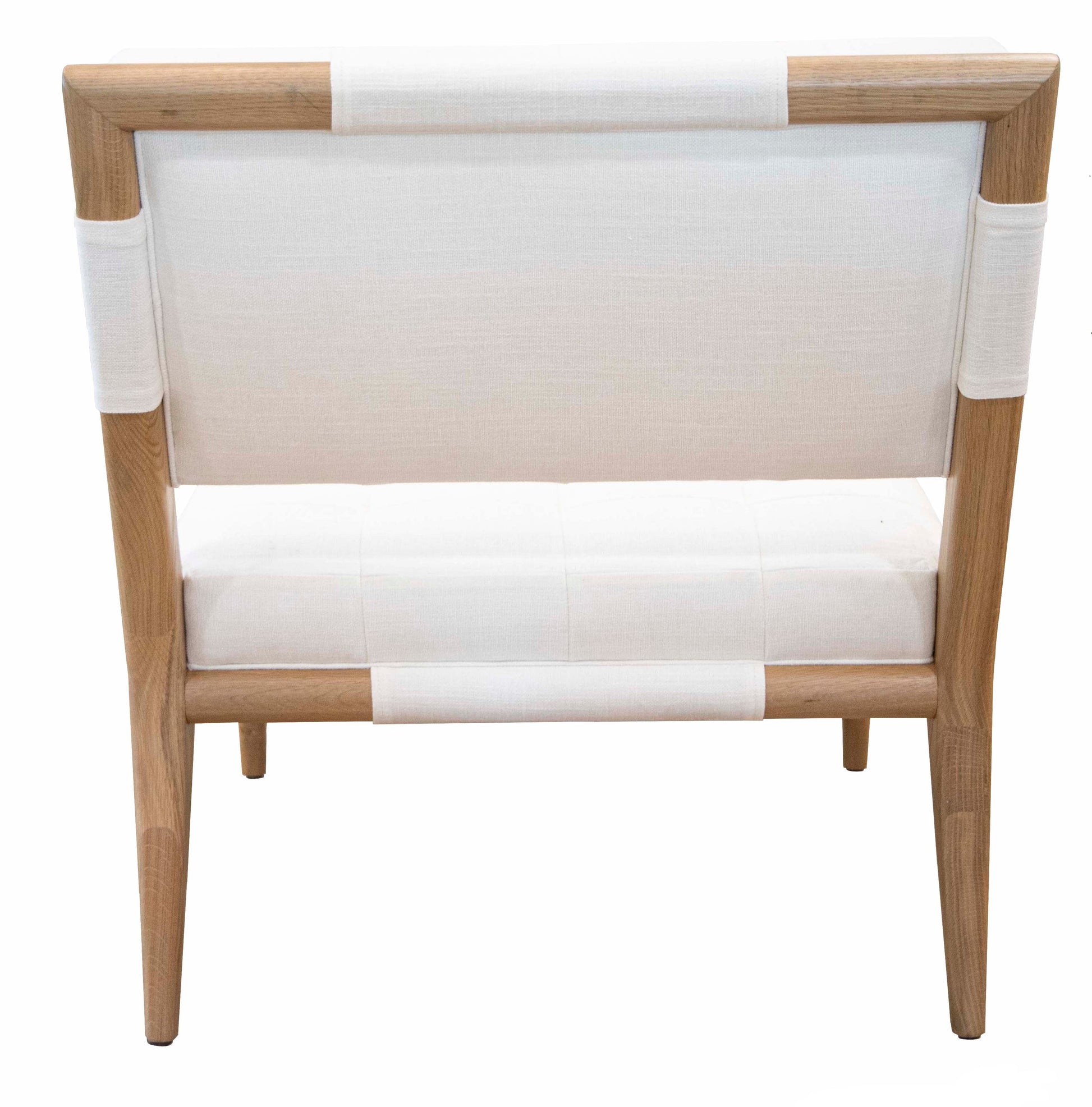 A wooden-framed Chatfield Armless Chair with a Wheat with Interest Ivory cushioned seat and backrest is shown from the rear. The design by Vanguard is clean and minimalist.