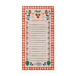 The Cherries Collection notepad by Rifle Paper Co. features a red checkered border, fruit and vegetable illustrations, cherry motifs, and blank lines—perfect for adding orchard-inspired charm to your kitchen.