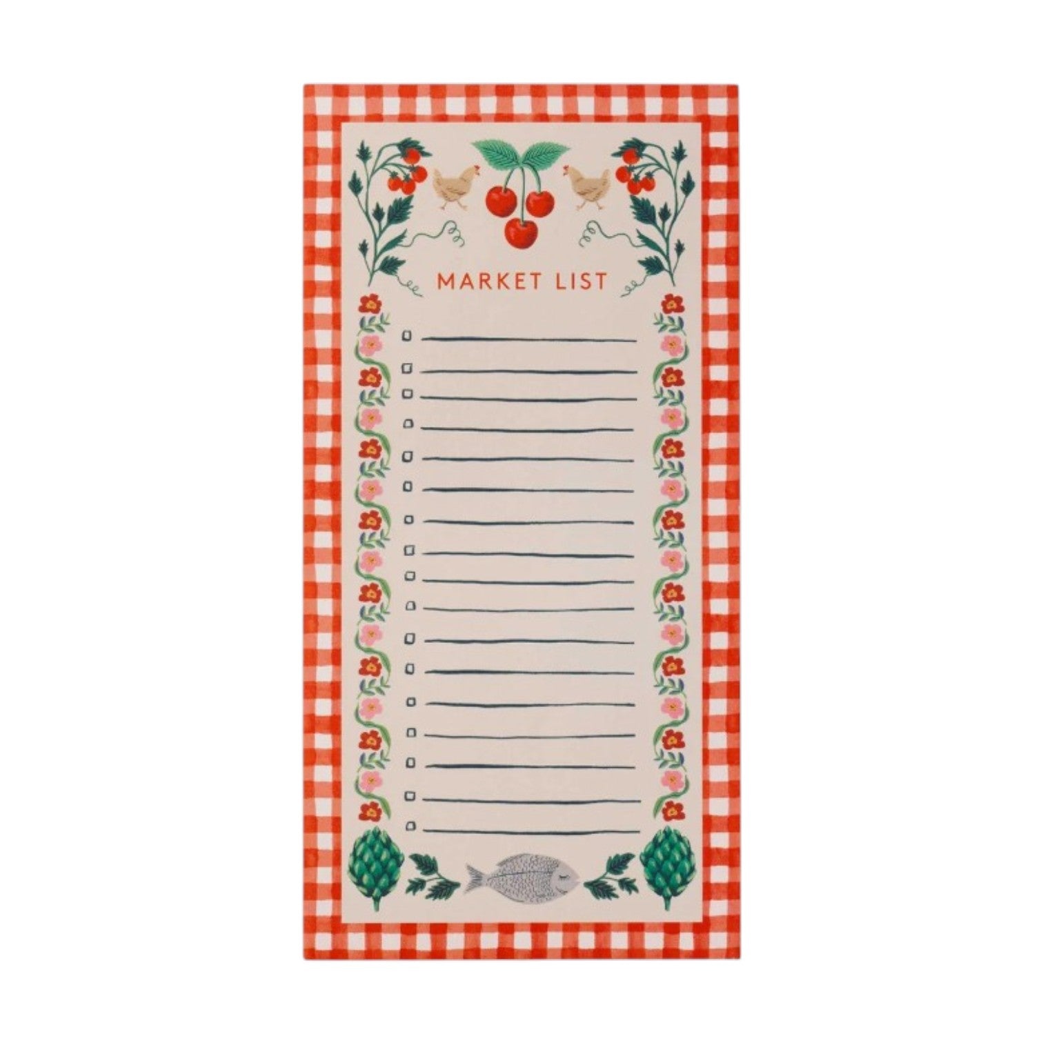 The Cherries Collection notepad by Rifle Paper Co. features a red checkered border, fruit and vegetable illustrations, cherry motifs, and blank lines—perfect for adding orchard-inspired charm to your kitchen.