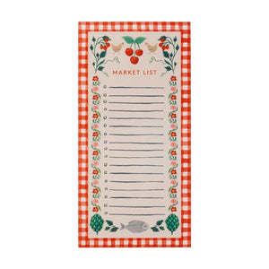 The Cherries Collection notepad by Rifle Paper Co. features a red checkered border, fruit and vegetable illustrations, cherry motifs, and blank lines—perfect for adding orchard-inspired charm to your kitchen.