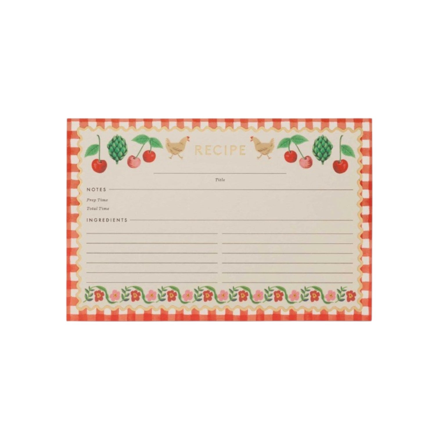 The Cherries Collection recipe card by Rifle Paper Co. features a red checkered border, cherry motifs, fruit and chicken illustrations, and labeled sections for notes, prep time, total time, and ingredients.