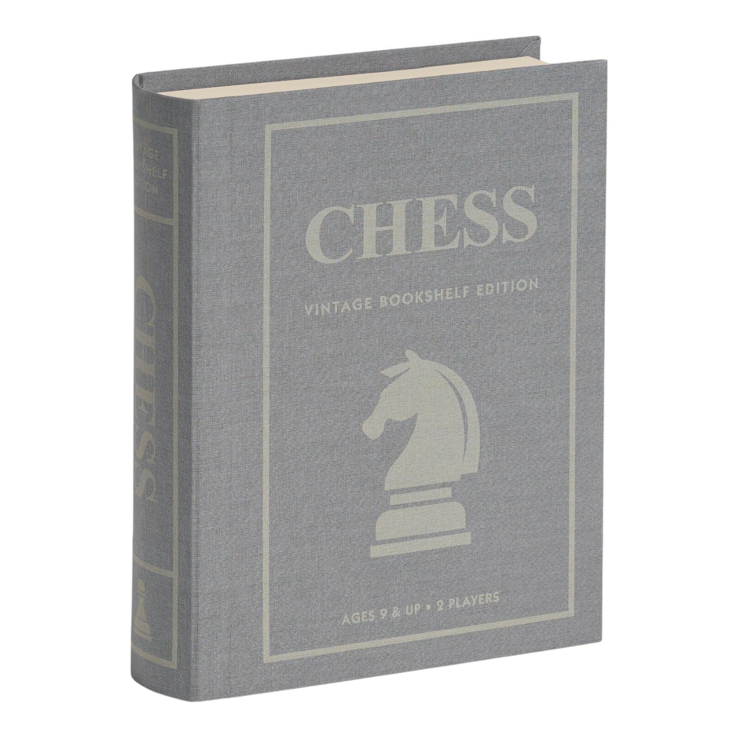 A gray, fabric-wrapped box from WS Game Company's Vintage Bookshelf Board Games features a chess knight, designed for 2 players ages 9+, and is labeled "Chess: Vintage Bookshelf Edition.