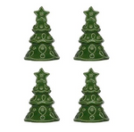 Four green ceramic Berry & Thread Tree Place Card Holders with white decorative detailing.