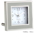 The Addison Ross Square Silver Alarm Clock from the Square Silver Alarm Clock Collection features black numerals and hands, a white face showing 10:10, and "Chiffon + Silver" text at the bottom right—ideal for your bedside table.