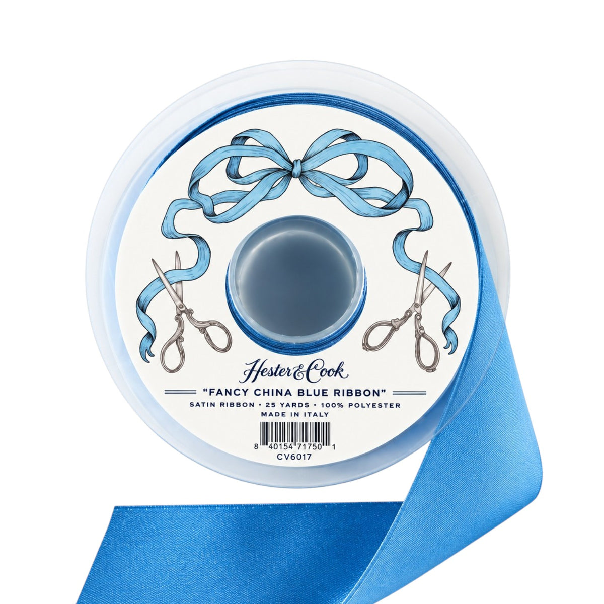 A 25-yard spool of Hester & Cook Fancy Ribbon in China Blue, made from 100% polyester satin and partially unrolled for display, is adorned with an illustrated scissors label—perfect for gift wrapping.