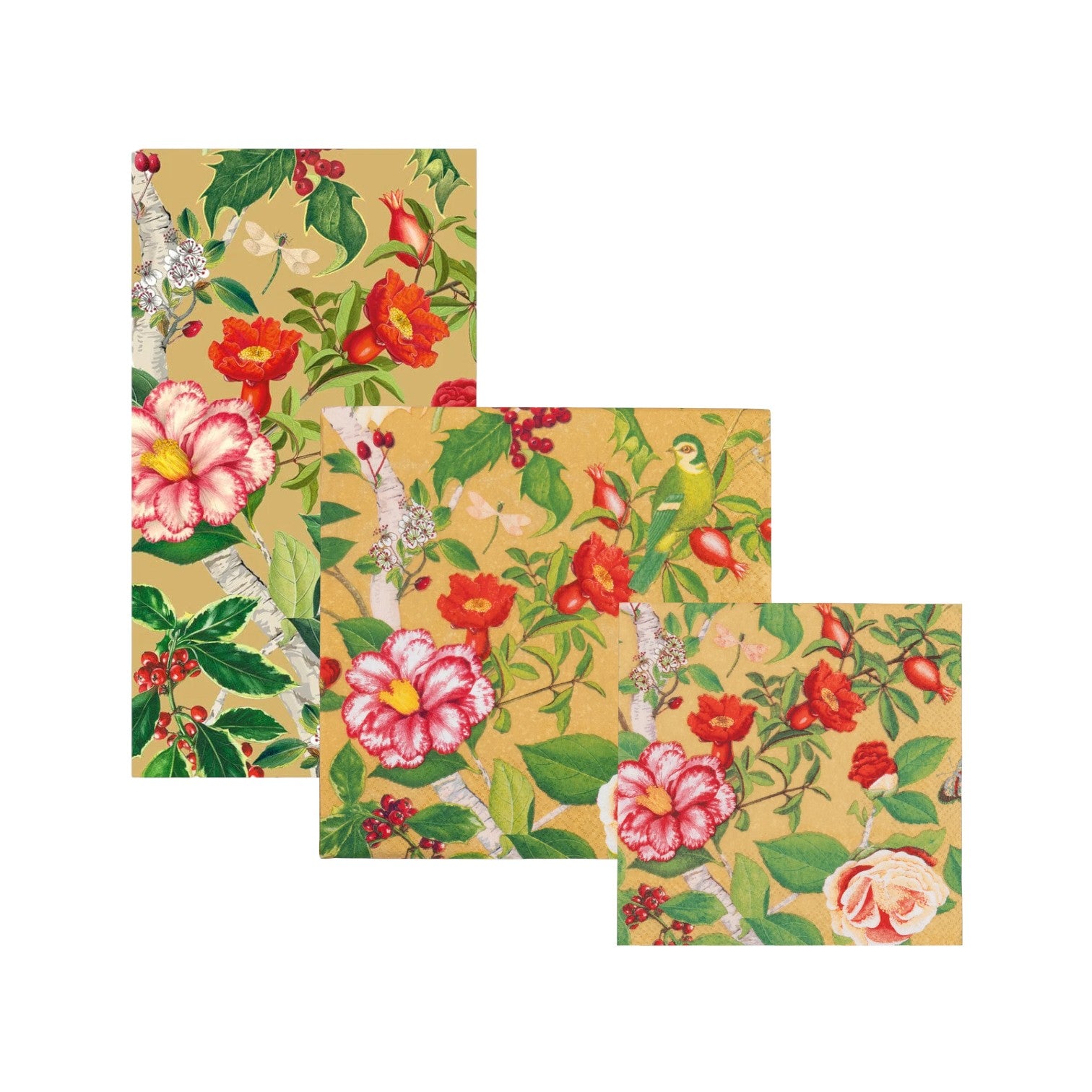 Three overlapping Caspari Christmas Chinoiserie Gold Collection paper plates feature red, pink, and white flowers with green leaves on a beige background, bringing a charming touch to your holiday dinnerware.