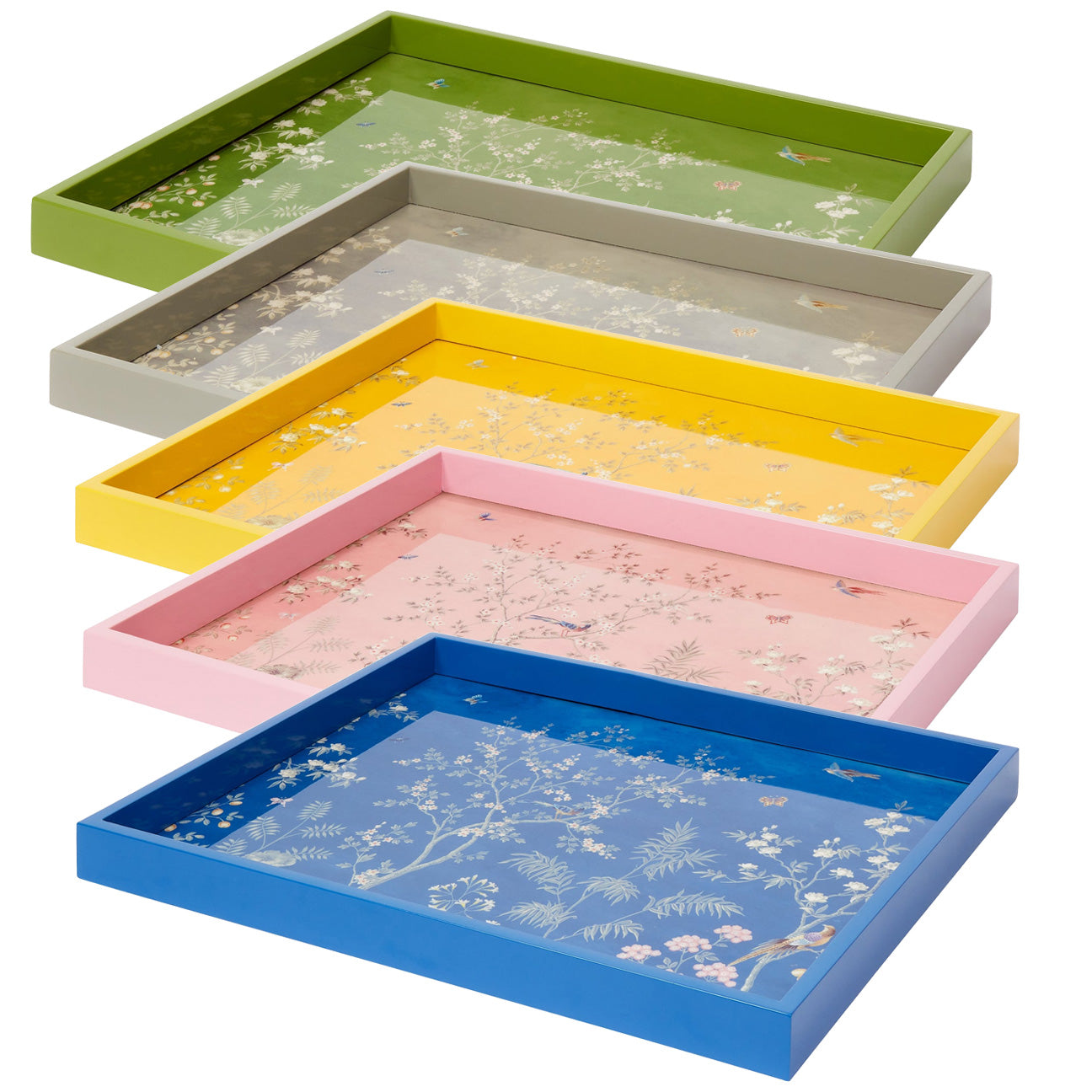 The Addison Ross Medium Chinoiserie Tray Collection features five high-gloss lacquer trays in green, gray, yellow, pink, and blue with floral and bird designs, stacked in a staggered display.
