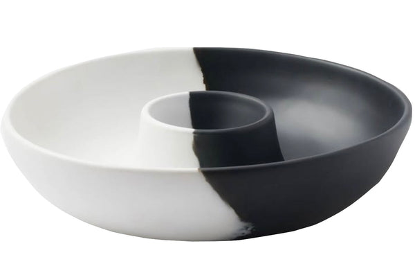 Two-tone resin serving bowls with an integrated inner partition, contrasting black and white colors, perfect for Blue Pheasant's Maxton dinner party.