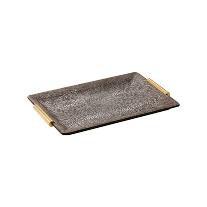 The Aerin Shagreen Small Vanity Tray in Chocolate features brass handles on each end, ideal as a dressing table organizer; shown on a white background.