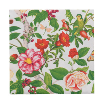 The Christmas Chinoiserie White Napkin and Tabletop Collection by Caspari features red and pink flowers, green leaves, a green bird, butterflies, and berries—ideal for stylish disposable tableware at your holiday gatherings.