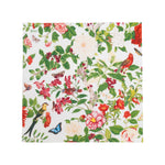 The Caspari Christmas Chinoiserie White Collection features a vibrant floral and bird pattern with festive motifs—ideal for stylish party plates or elegant disposable tableware.