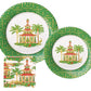 The Caspari Christmas Pagodas Collection includes a salad plate, dinner plate, and matching cocktail napkin, each with a green and gold geometric border featuring a decorative pagoda, palm trees, and cranes.