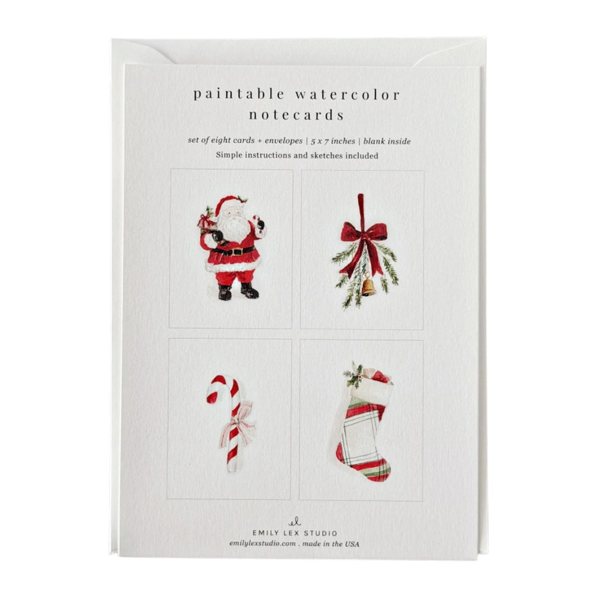 Emily Lex Studio Watercolor Paintable Notecards Set of eight blank cards and envelopes with watercolor illustrations of Santa Claus, a ribbon-tied ornament, a candy cane, and a Christmas stocking.
