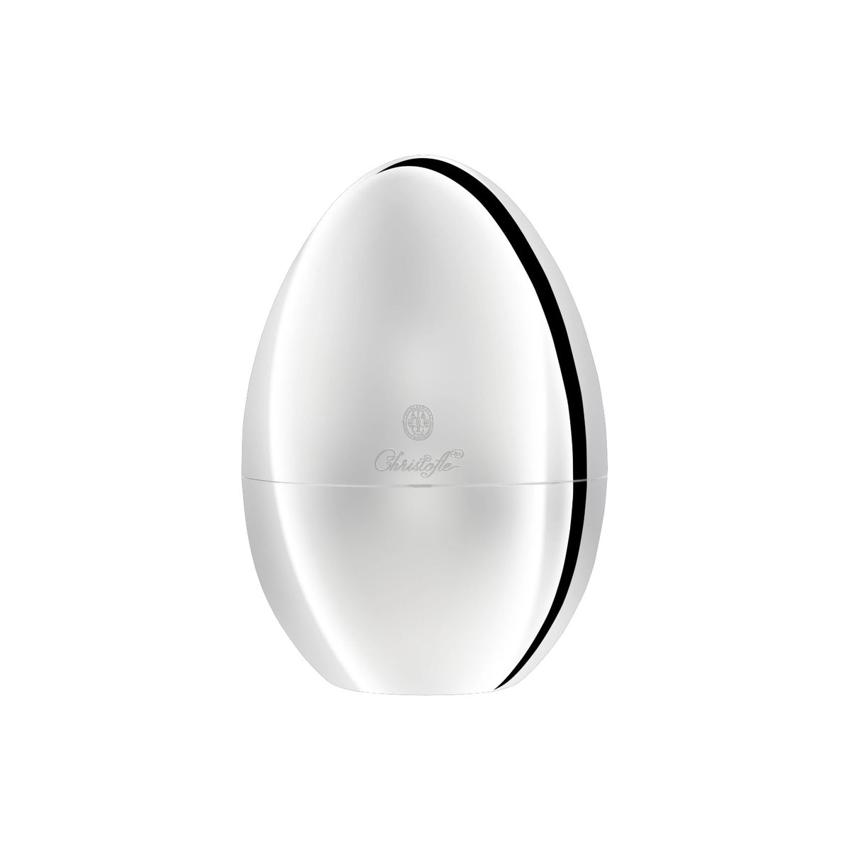 A smooth, mirror-polished steel case shaped like an egg, featuring a subtle Christofle logo and text on the front, houses the MOOD Yummy Cocktail Silver Forks Set and is set against a plain white background.