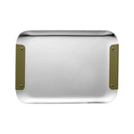 Christofle’s Club Stainless Steel Tray features a rectangular metal design with rounded edges, small perforations across the surface, and two green leather handles on the shorter sides.