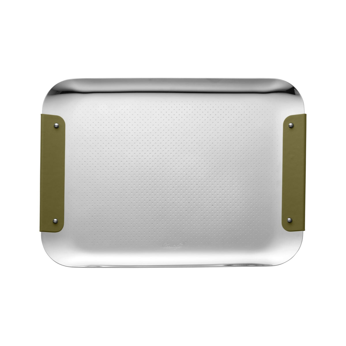 Christofle’s Club Stainless Steel Tray features a rectangular metal design with rounded edges, small perforations across the surface, and two green leather handles on the shorter sides.