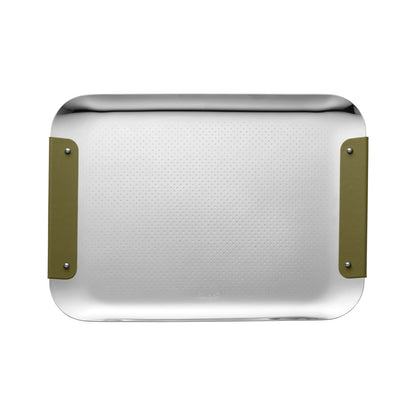 Christofle’s Club Stainless Steel Tray features a rectangular metal design with rounded edges, small perforations across the surface, and two green leather handles on the shorter sides.