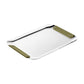 A rectangular Club Stainless Steel Tray by Christofle, featuring a textured metal surface and two flat olive-green handles at opposite ends, showcasing the brand’s signature elegance and refined finish.