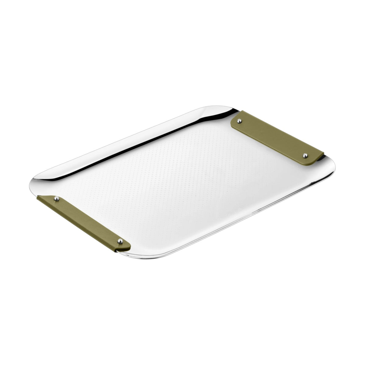 A rectangular Club Stainless Steel Tray by Christofle, featuring a textured metal surface and two flat olive-green handles at opposite ends, showcasing the brand’s signature elegance and refined finish.