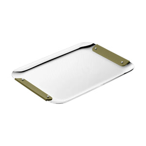 A rectangular Club Stainless Steel Tray by Christofle, featuring a textured metal surface and two flat olive-green handles at opposite ends, showcasing the brand’s signature elegance and refined finish.