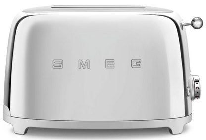 A silver SMEG 2-Slice Toaster Collection with wide slots and the word "Smeg" on it.