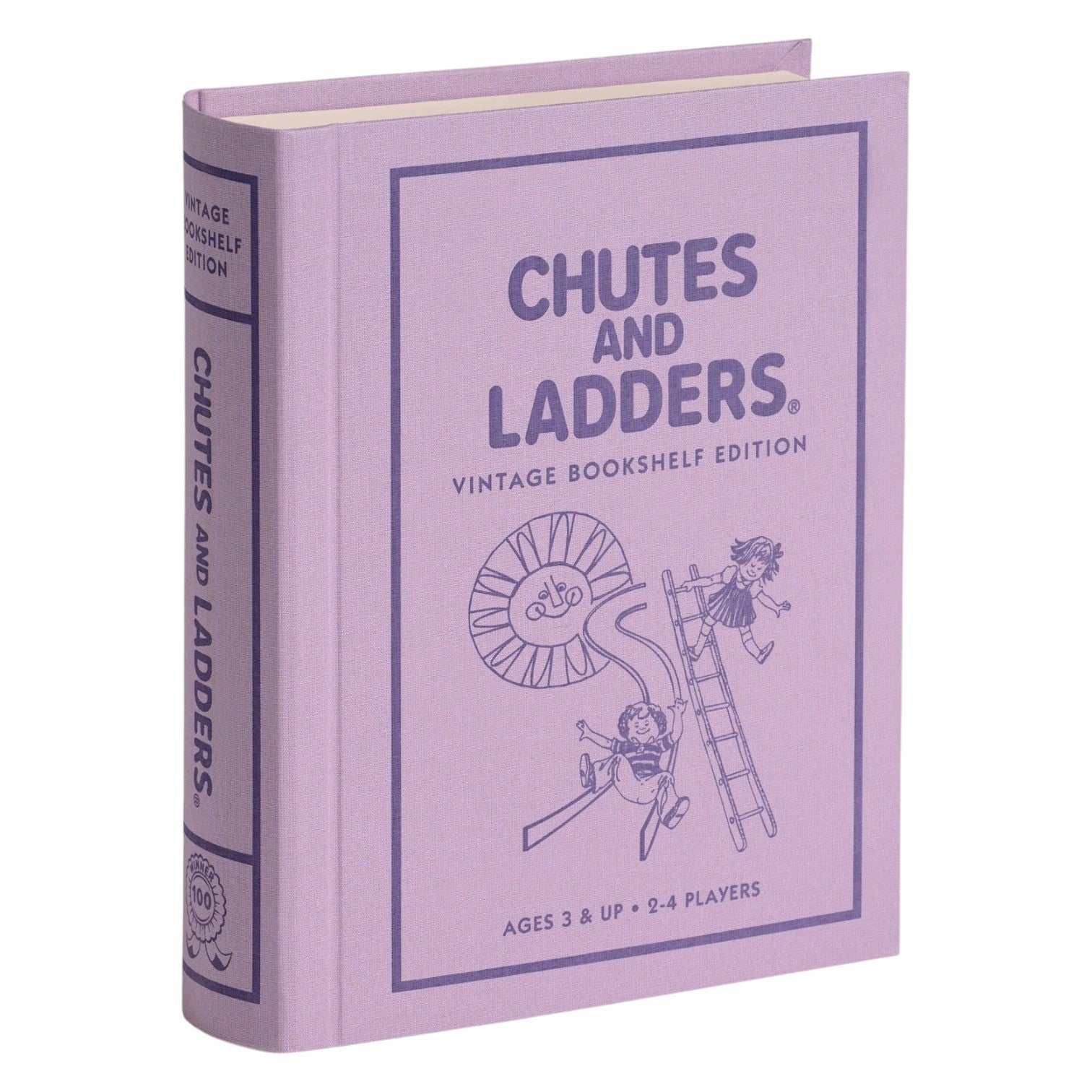 The WS Game Company Vintage Bookshelf Board Games includes a fabric-wrapped, book-shaped "Chutes and Ladders" box with vintage children’s illustrations, honoring the classic board game.