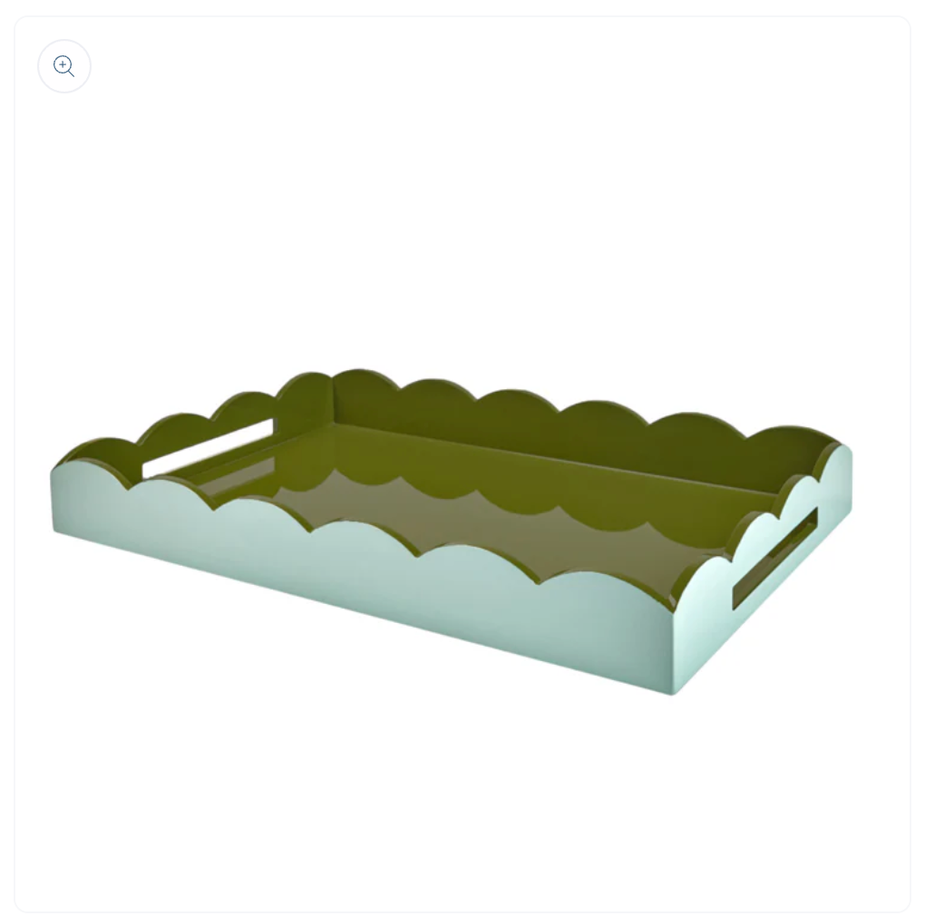 The Eau De Nil & Khaki Lacquered Scallop Two-Tone Tray by Addison Ross showcases a rectangular shape with scalloped edges and convenient side handles. Featuring a glossy Eau De Nil green interior set against a khaki exterior, this tray boasts a high gloss lacquer finish and is elegantly displayed against a plain white background.