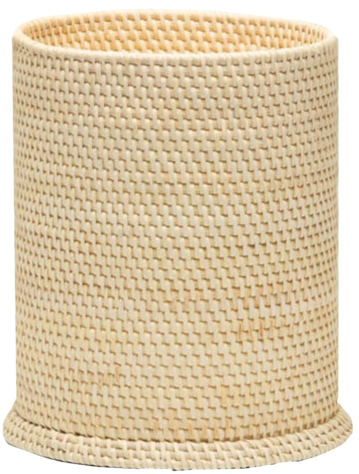 The Dalton Bath Collection by Pigeon & Poodle features handmade cylindrical woven baskets in natural beige rattan, highlighting detailed craftsmanship and a textured finish.