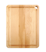 The J.K. Adams Maple Prep Cutting Board features a rectangular design with a juice groove and a round hole in the top right corner—perfect for efficient meal prep.