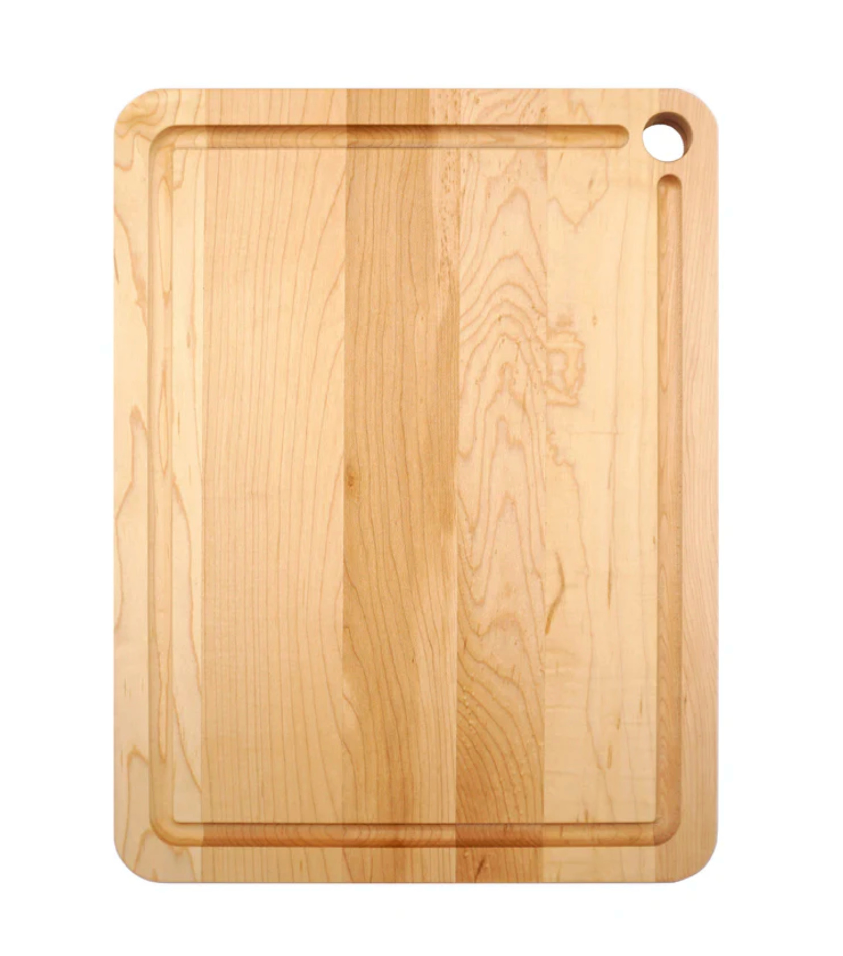 The J.K. Adams Maple Prep Cutting Board features a rectangular design with a juice groove and a round hole in the top right corner—perfect for efficient meal prep.