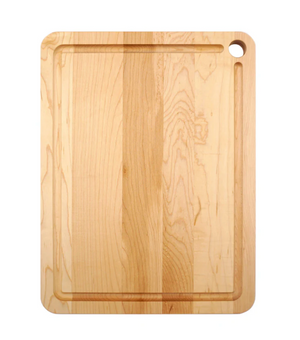 The J.K. Adams Maple Prep Cutting Board features a rectangular design with a juice groove and a round hole in the top right corner—perfect for efficient meal prep.