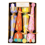 A box of six colorful Caspari Party Hat Crackers with gold accents, elegantly arranged in a gold-edged box—perfect for festive surprises at any celebration.