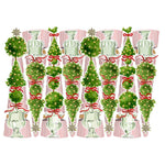 Rows of illustrated topiary and Christmas trees with star toppers and red bows on a striped red and white background evoke festive charm in Caspari's Eloise Christmas Cone Crackers.