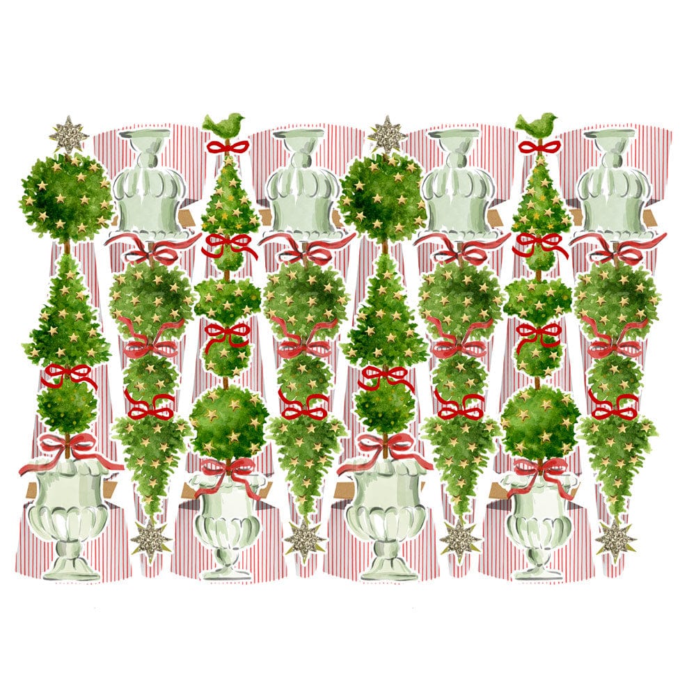 Rows of illustrated topiary and Christmas trees with star toppers and red bows on a striped red and white background evoke festive charm in Caspari's Eloise Christmas Cone Crackers.