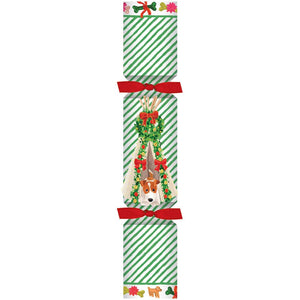 The Caspari Dog Christmas Teepee Pet Cracker features green diagonal stripes, red bows, and a festive dog with a holiday wreath at the center.