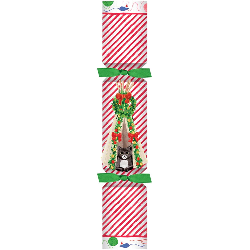 The Caspari Cat Christmas Teepee Pet Cracker features red and white stripes, green ribbon accents, and a festive cat illustration under an arch—perfect for hiding pet toy surprises.