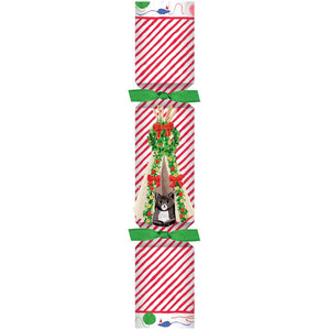 The Caspari Cat Christmas Teepee Pet Cracker features red and white stripes, green ribbon accents, and a festive cat illustration under an arch—perfect for hiding pet toy surprises.