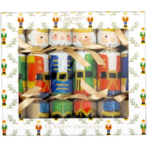 Caspari’s Painted Nutcrackers Celebration Cracker Set includes 12 toy soldier crackers tied with gold ribbons, beautifully packaged in a festive Nutcracker box—perfect party favors for your holiday celebration.