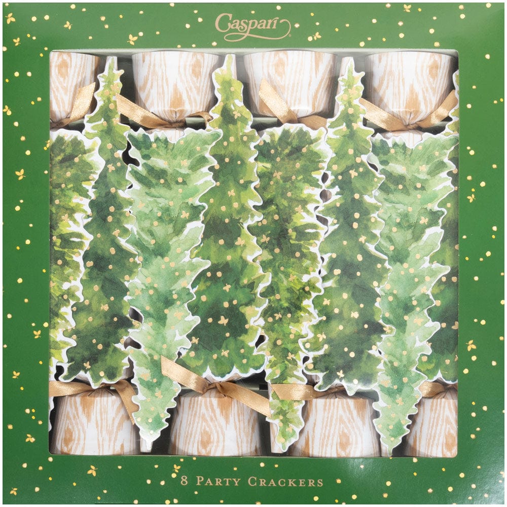 A box of eight Caspari White Christmas Crackers, each featuring classic Caspari paper designs, packaged festively—perfect for adding a delightful touch to your next celebration.