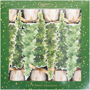 A box of eight Caspari White Christmas Crackers, each featuring classic Caspari paper designs, packaged festively—perfect for adding a delightful touch to your next celebration.