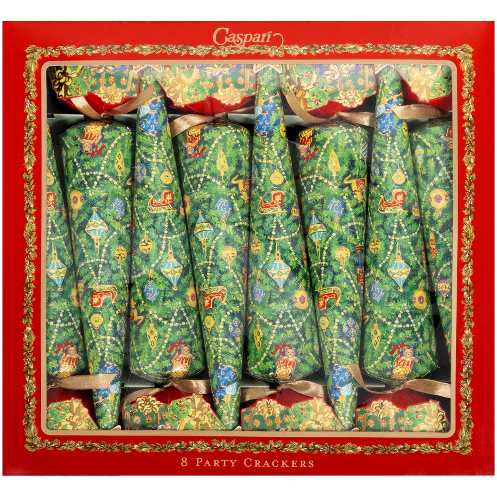 A box of eight Caspari Christmas Tree Collection party crackers, wrapped in green festive paper—ideal for elevating your holiday gift supplies.